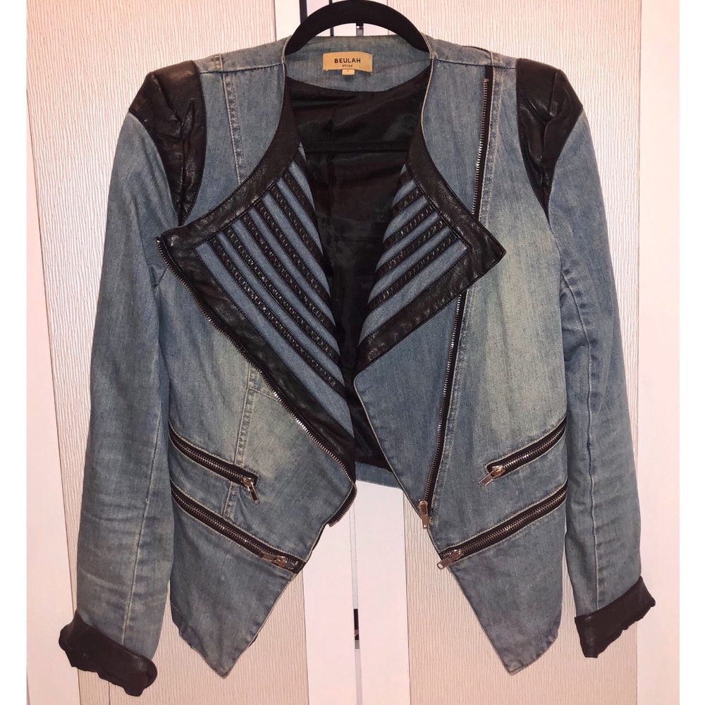 Beulah Denim Jacket Blazer With Leather Accents